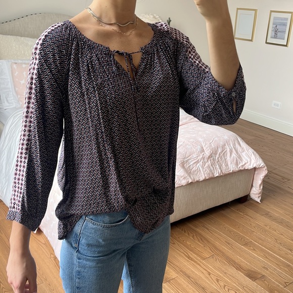 Loft Mixed Geo Peasant Blouse Brown Tile Floral -  size medium - Picture 9 of 16